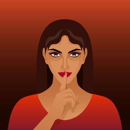 Beautiful brunette girl with finger at lips. Vector illustrationのイラスト素材