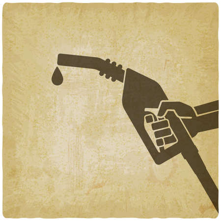 Hand with gasoline fuel nozzle on vintage background. Vector illustrationのイラスト素材
