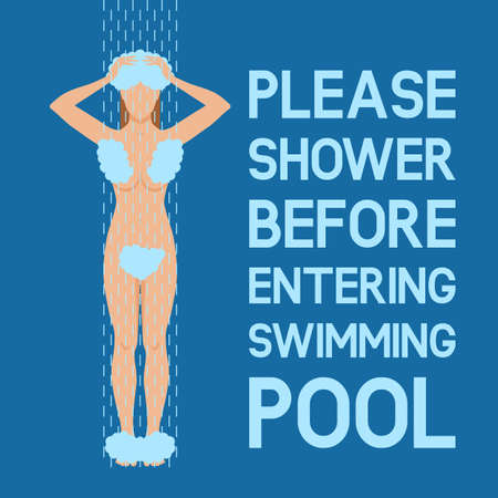 Woman taking shower. Sign please take shower before the swimming pool. Vector illustration.のイラスト素材