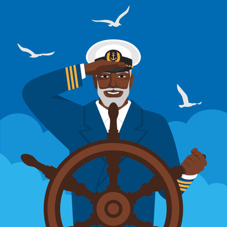 Black male captain looks into distance standing at helm of boat. Vector illustrationのイラスト素材