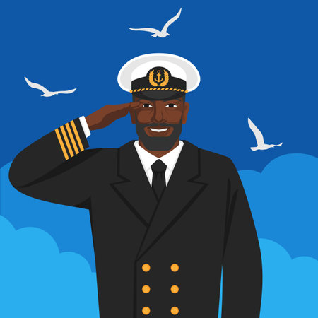 Black male captain of sea ship in uniform saluting. Vector illustrationのイラスト素材