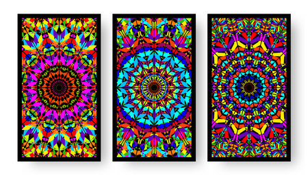 Bright colorful business cards collection with kaleidoscope pattern. Vector illustrationのイラスト素材