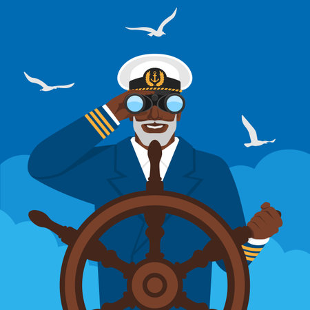 Black male captain looking through binoculars standing at helm of boat. Vector illustrationのイラスト素材
