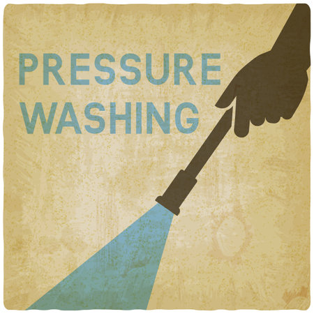 Pressure washing. Hands with Spray Gunon vintage background. Vector illustrationのイラスト素材