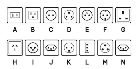 Different types AC power sockets for connect electric equipment. Vector illustrationのイラスト素材