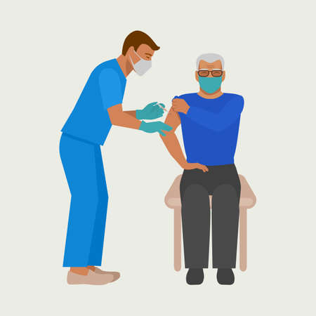Vaccination of elderly. Nurse gives injection of vaccine to elderly man. Vector illustrationのイラスト素材
