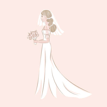 Sketch of bride in wedding dress and veil with bouquet on pink background. Vector illustrationのイラスト素材