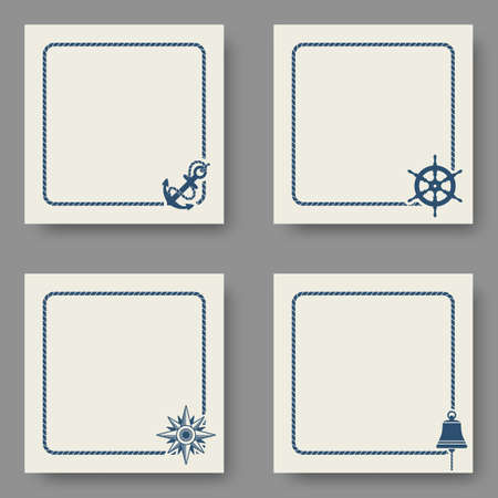 Marine backgrounds set with sea rope frame and naval symbols. Vector illustrationのイラスト素材