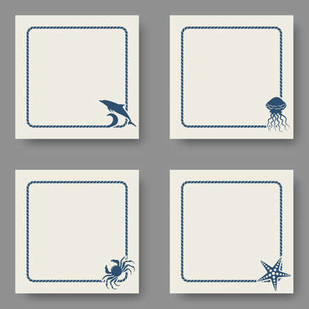 Marine backgrounds set with sea rope frame and sea creature symbols. Vector illustrationのイラスト素材