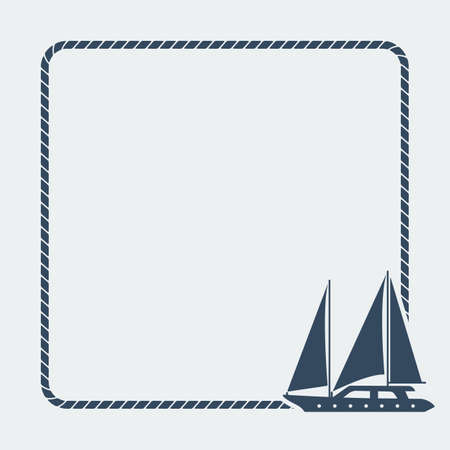 Marine background. Sea rope frame with sailboat. Vector illustrationのイラスト素材