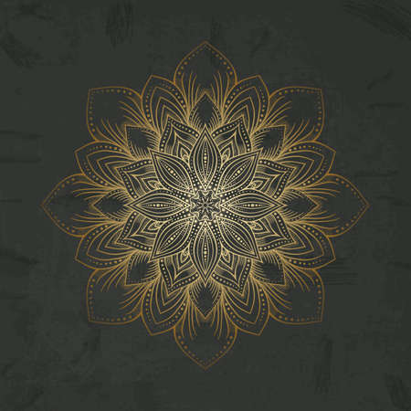 Golden circular mandala pattern on black background. Vector illustrationのイラスト素材