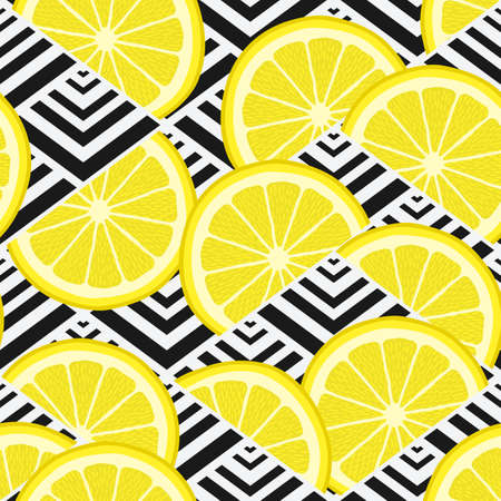 Lemon slices on geometric background. Lemon seamless pattern. Vector illustrationのイラスト素材
