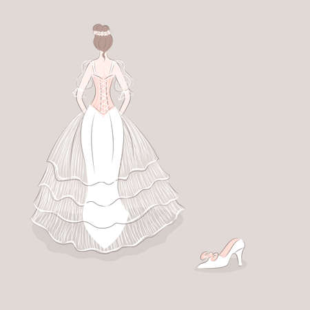 Girl in wedding dress lost a shoe. Vector illustrationのイラスト素材