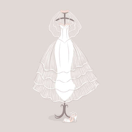 White wedding dress on hanger. Vector illustrationのイラスト素材