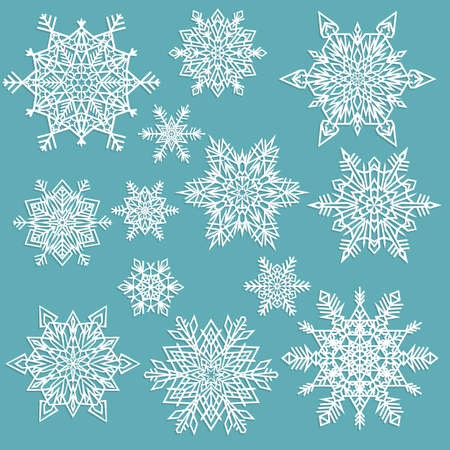Set of white snowflakes on blue background. Vector illustrationのイラスト素材