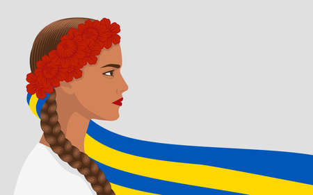 Ukrainian girl in profile in a wreath of red flowers. vector illustrationのイラスト素材