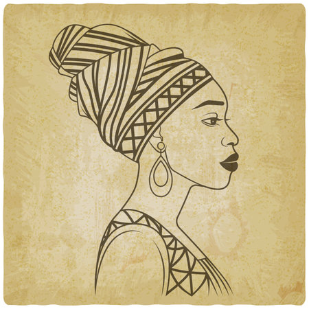 African Woman In Profile In Traditional Head Wrapon vintage background. Vector illustrationのイラスト素材