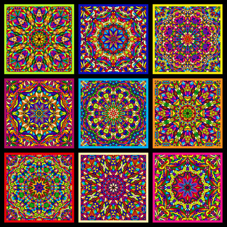 Set of bright multicolor cards with kaleidoscope circular patterns. Vector illustrationのイラスト素材