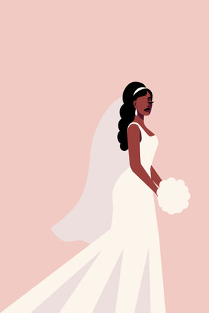 Black Bride In White Dress With Veil And A Bouquet Of Flowers. Vector illustrationのイラスト素材