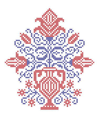 Vase with flowers Embroidered cross-stitch pattern. Vector illustrationのイラスト素材