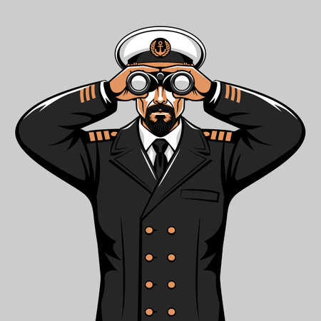 Man in captain uniform looking through binoculars. Vector illustrationのイラスト素材