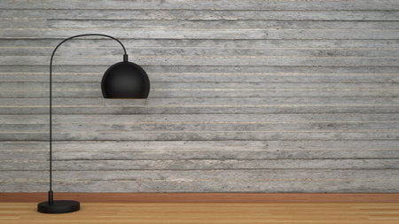 Concrete wall and wooden floor with black lampの写真素材