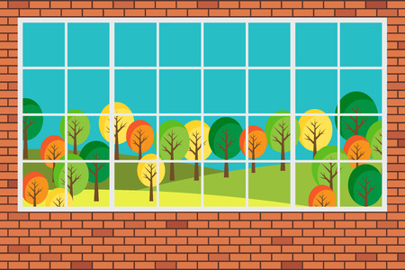 Window with forest landscape view flat design vector illustrationのイラスト素材