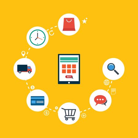Process of online marketing e-commerce business flat design vector illustrationのイラスト素材