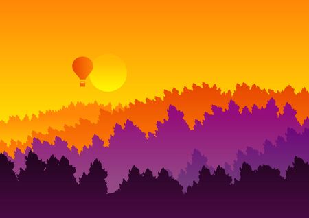 Abstract background sunset silhouette mountain scenery, air balloon, twilight time, vector illustrationのイラスト素材