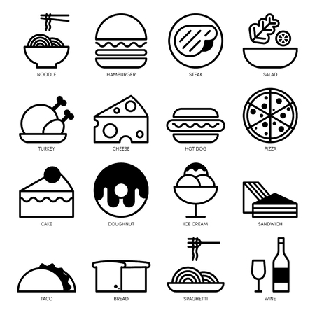 Food line icons set including meals, desserts, and breakfast isolated on white background, vector illustrationのイラスト素材