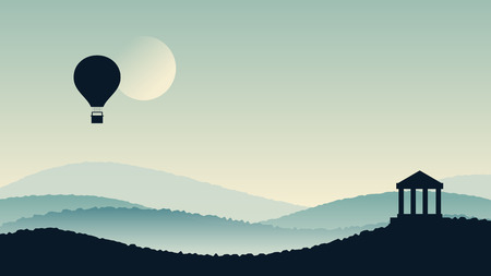 Abstract sunset silhouette mountain scenery background with a balloon, vector illustrationのイラスト素材