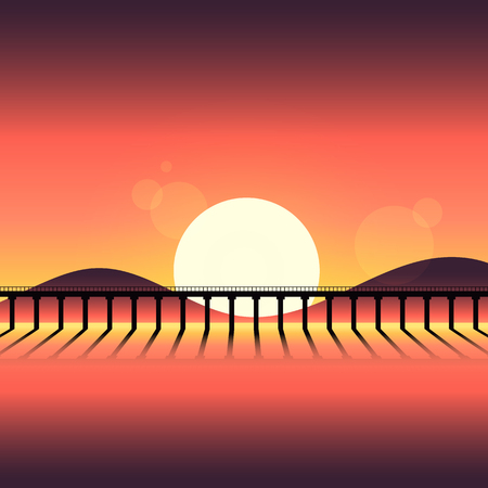 Abstract sunset silhouette mountain and bridge scenery pattern, vector illustrationのイラスト素材