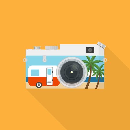 Double exposure of a camera and sea landscape, travel concept flat design vector illustrationのイラスト素材