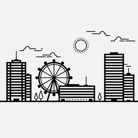 Skyline cityscape building black and white line, vector illustrationのイラスト素材