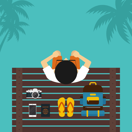 Happy holiday concept. A man is sitting on a bridge enjoys his vacation time with his stuff, vector illustrationのイラスト素材