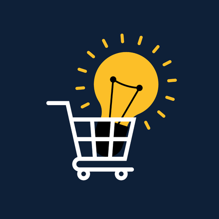 Creative idea concept flat design. Light bulb in shopping cart, vector illustrationのイラスト素材
