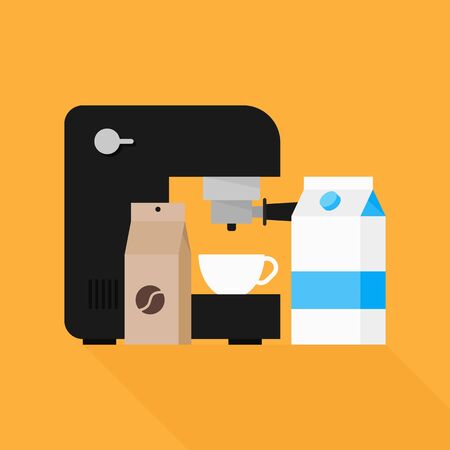 Coffee maker element with coffee machine, coffee bean, milk, cup flat design, vector illustrationのイラスト素材