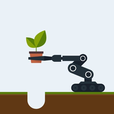 Planting tree in the future concept by a robot flat design, vector illustrationのイラスト素材