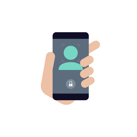 Facial recognition technology system concept on mobile application flat design, vector illustrationのイラスト素材