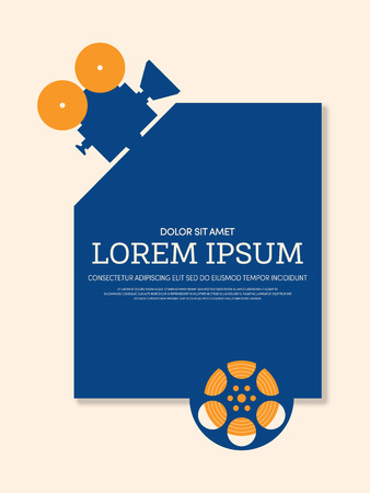 Movie and film modern retro vintage poster background with video camera and film reel, design element template can be used of backdrop, brochure, leaflet, publication, vector illustrationのイラスト素材
