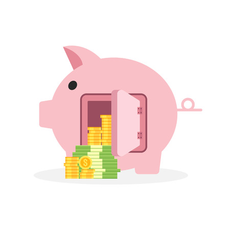 Saving money business concept, piggy bank flat design icon with coin and banknote, vector illustrationのイラスト素材