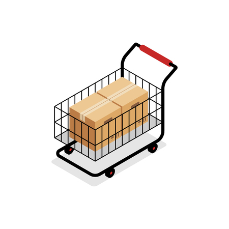 Isometric shopping cart with boxes isolated on white background, vector illustrationのイラスト素材