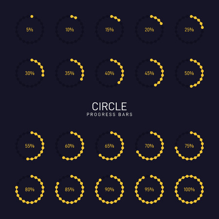Collection of circular futuristic progress loading bar and buffering percentage isolated on solid color background, vector illustrationのイラスト素材