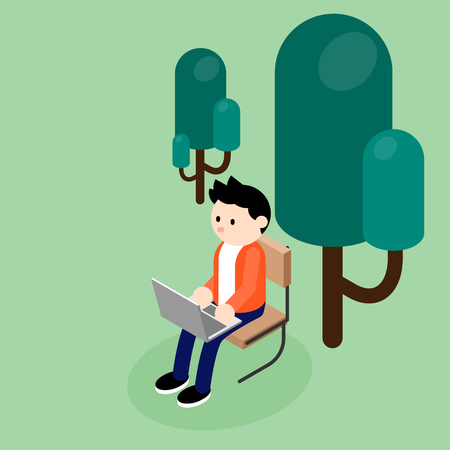 Young freelancer working with laptop in the park, remote working concept flat design, vector illustrationのイラスト素材