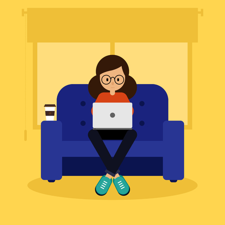 Young freelancer working with laptop at home, remote working concept flat design, vector illustrationのイラスト素材