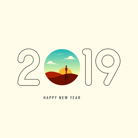 New year 2019 abstract background decorative with vintage retro landscape icon. Design element template can be used for greeting card, postcard, backdrop, brochure, publication, vector illustrationのイラスト素材