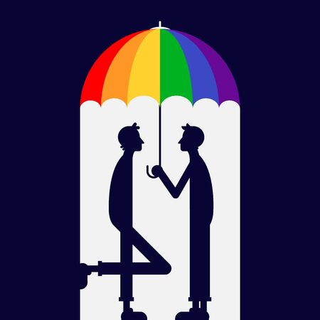 A couple of men standing under a rainbow umbrella. LGBT community poster design template background. Graphic design element can be used for backdrop, brochure, banner, publication, vector illustrationのイラスト素材