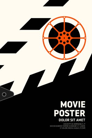 Movie and film poster design template background with film reel and clapper board. Applicable to backdrop, banner, brochure, leaflet, flyer, print, publication, vector illustrationのイラスト素材