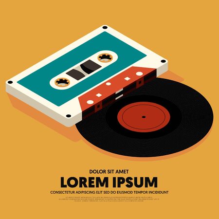 Music poster design template background with isometric vinyl record and cassette tape modern vintage retro style. Applicable to banner, brochure, publication, vector illustrationのイラスト素材