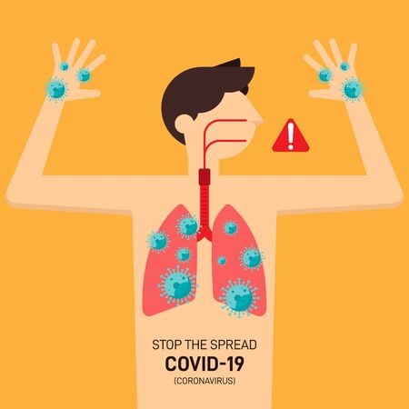 COVID-19 Coronavirus prevent outbreak concept with human lungs and hands full the viruses flat design, vector illustrationのイラスト素材